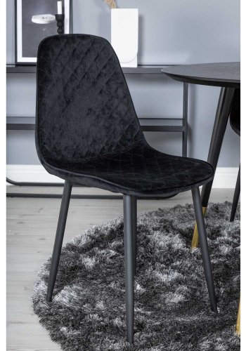 VENTURE DESIGN Dipp Esstisch-Set, mit 4 Stühlen – schwarzes Furnier/Messing, schwarzes Metall, schwarzer Samt/schwarzes Metall