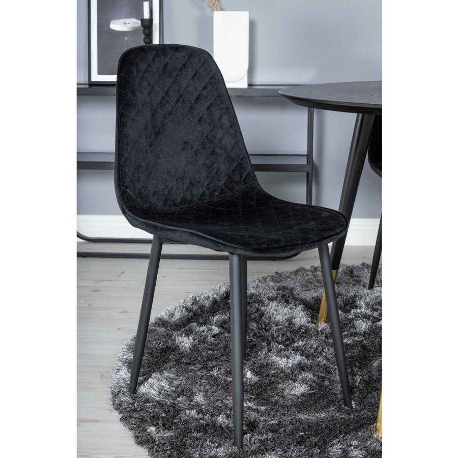 VENTURE DESIGN Dipp Esstisch-Set, mit 4 Stühlen – schwarzes Furnier/Messing, schwarzes Metall, schwarzer Samt/schwarzes Metall