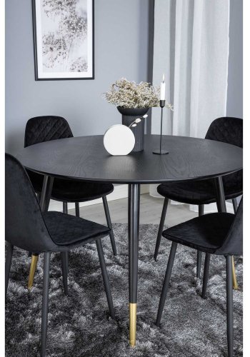 VENTURE DESIGN Dipp Esstisch-Set, mit 4 Stühlen – schwarzes Furnier/Messing, schwarzes Metall, schwarzer Samt/schwarzes Metall
