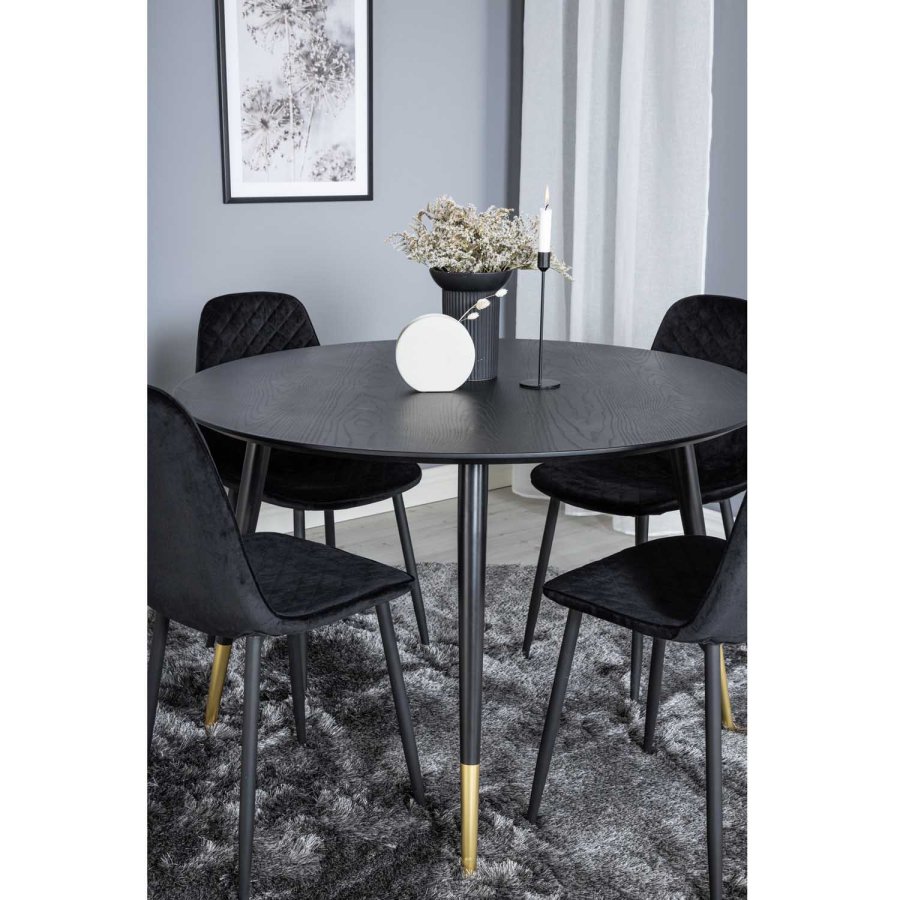 VENTURE DESIGN Dipp Esstisch-Set, mit 4 Stühlen – schwarzes Furnier/Messing, schwarzes Metall, schwarzer Samt/schwarzes Metall