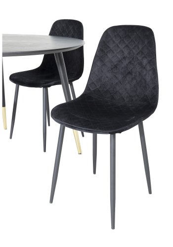 VENTURE DESIGN Dipp Esstisch-Set, mit 4 Stühlen – schwarzes Furnier/Messing, schwarzes Metall, schwarzer Samt/schwarzes Metall