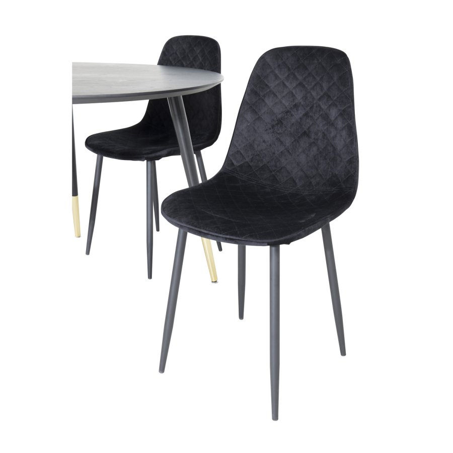 VENTURE DESIGN Dipp Esstisch-Set, mit 4 Stühlen – schwarzes Furnier/Messing, schwarzes Metall, schwarzer Samt/schwarzes Metall