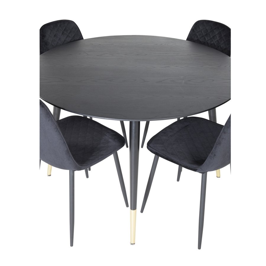 VENTURE DESIGN Dipp Esstisch-Set, mit 4 Stühlen – schwarzes Furnier/Messing, schwarzes Metall, schwarzer Samt/schwarzes Metall