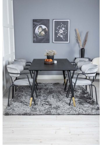 VENTURE DESIGN Dipp Esstisch-Set, mit 6 Stühlen – schwarzes Furnier/Messing, schwarzes Metall, grauer Samt/schwarzes Metall