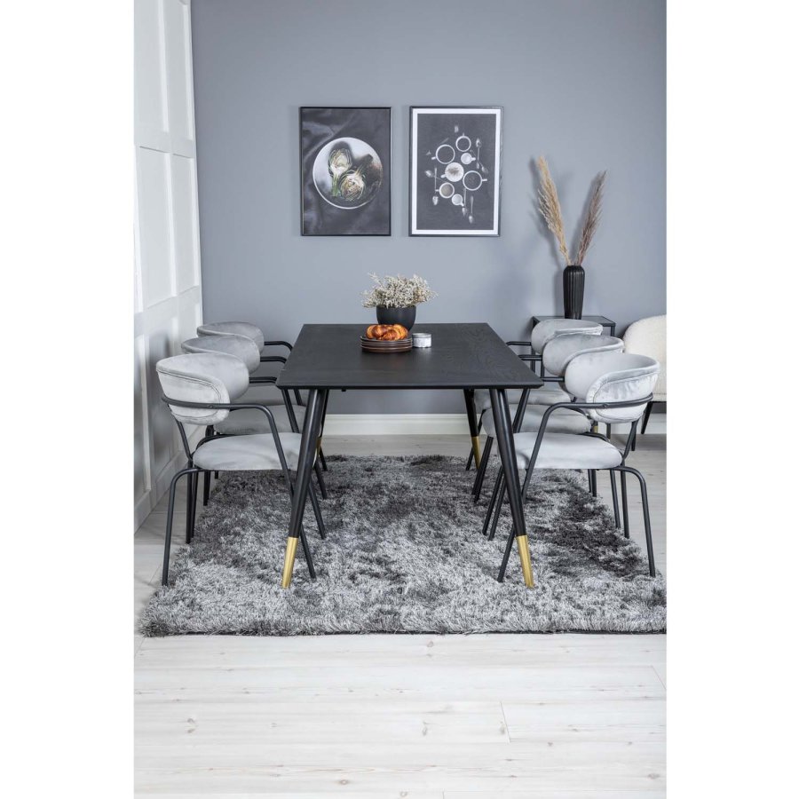 VENTURE DESIGN Dipp Esstisch-Set, mit 6 Stühlen – schwarzes Furnier/Messing, schwarzes Metall, grauer Samt/schwarzes Metall