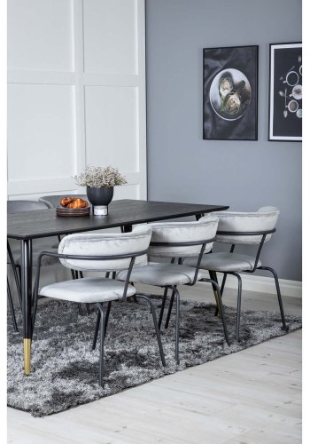 VENTURE DESIGN Dipp Esstisch-Set, mit 6 Stühlen – schwarzes Furnier/Messing, schwarzes Metall, grauer Samt/schwarzes Metall