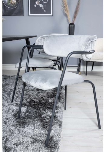 VENTURE DESIGN Dipp Esstisch-Set, mit 6 Stühlen – schwarzes Furnier/Messing, schwarzes Metall, grauer Samt/schwarzes Metall