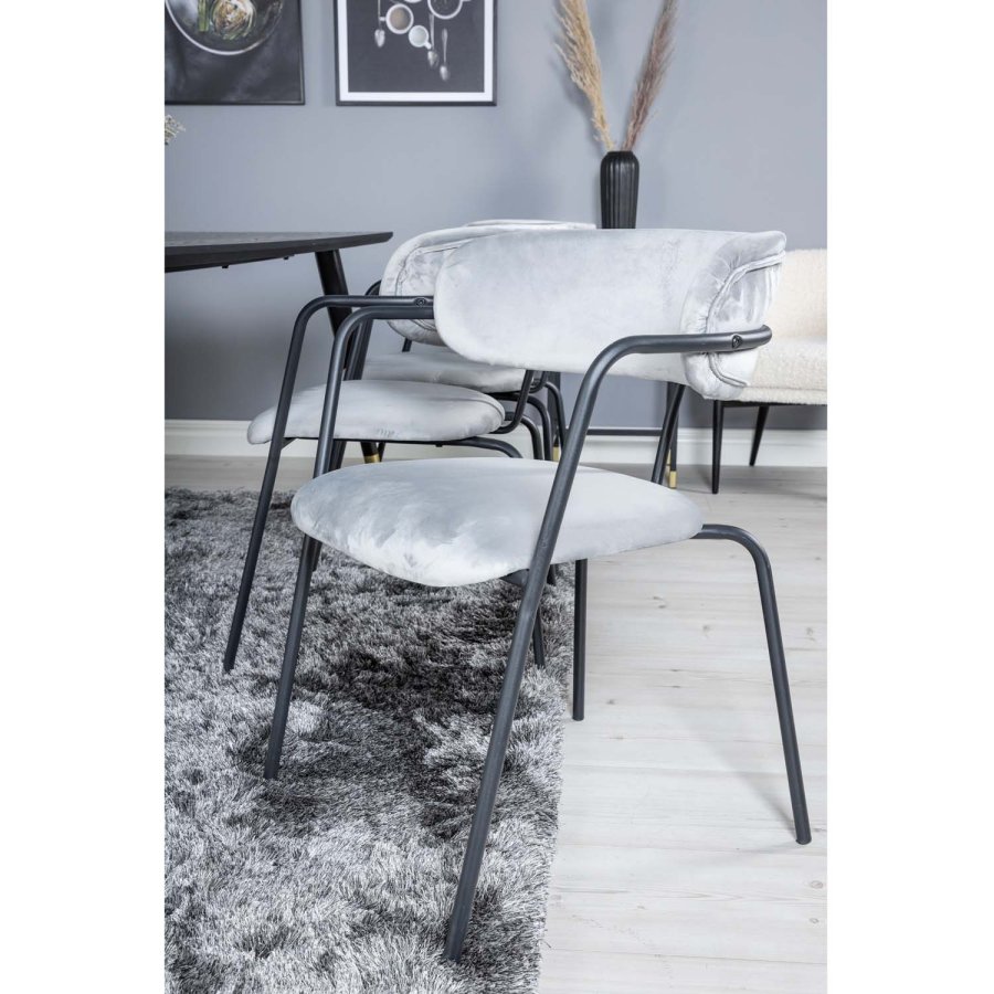 VENTURE DESIGN Dipp Esstisch-Set, mit 6 Stühlen – schwarzes Furnier/Messing, schwarzes Metall, grauer Samt/schwarzes Metall