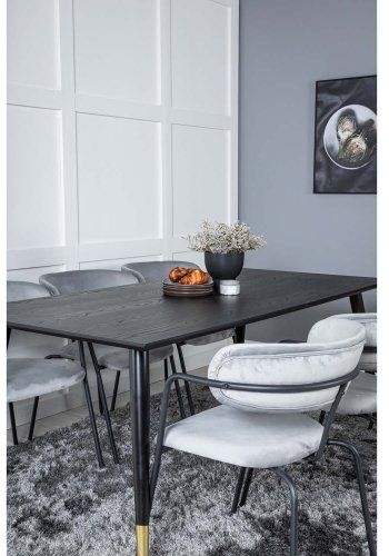 VENTURE DESIGN Dipp Esstisch-Set, mit 6 Stühlen – schwarzes Furnier/Messing, schwarzes Metall, grauer Samt/schwarzes Metall