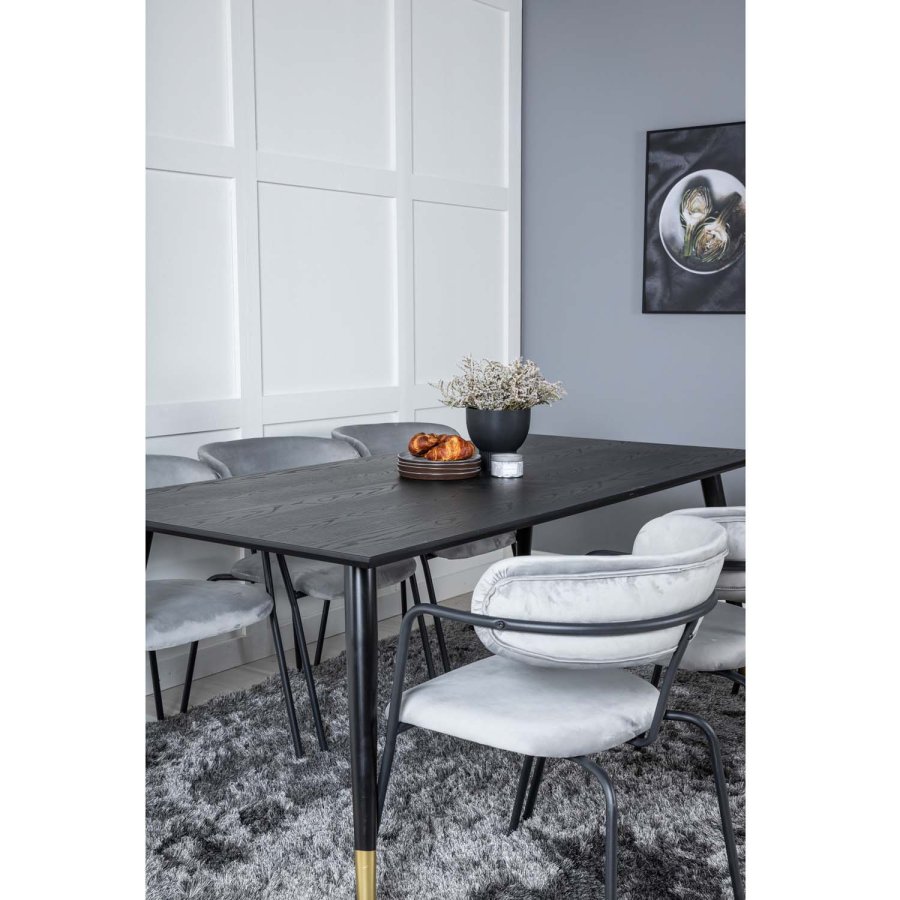 VENTURE DESIGN Dipp Esstisch-Set, mit 6 Stühlen – schwarzes Furnier/Messing, schwarzes Metall, grauer Samt/schwarzes Metall
