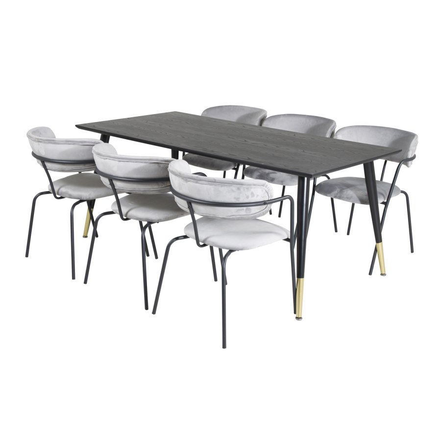 VENTURE DESIGN Dipp Esstisch-Set, mit 6 Stühlen – schwarzes Furnier/Messing, schwarzes Metall, grauer Samt/schwarzes Metall