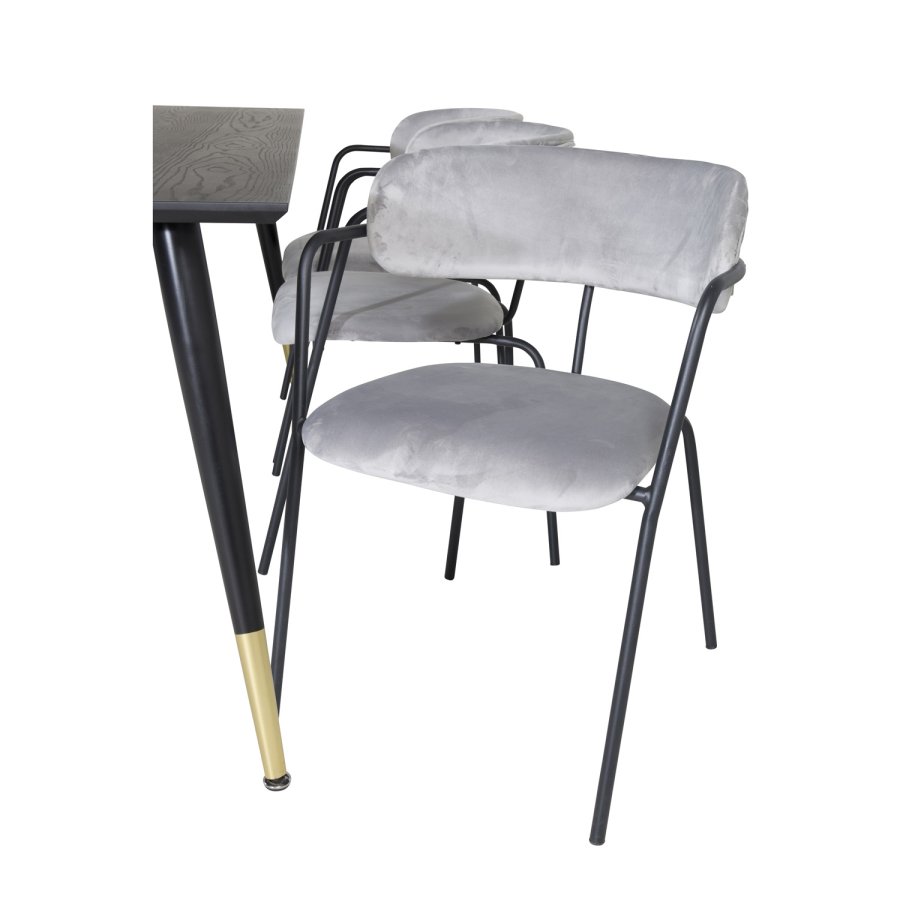 VENTURE DESIGN Dipp Esstisch-Set, mit 6 Stühlen – schwarzes Furnier/Messing, schwarzes Metall, grauer Samt/schwarzes Metall