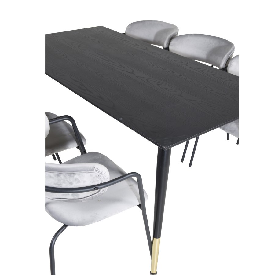 VENTURE DESIGN Dipp Esstisch-Set, mit 6 Stühlen – schwarzes Furnier/Messing, schwarzes Metall, grauer Samt/schwarzes Metall