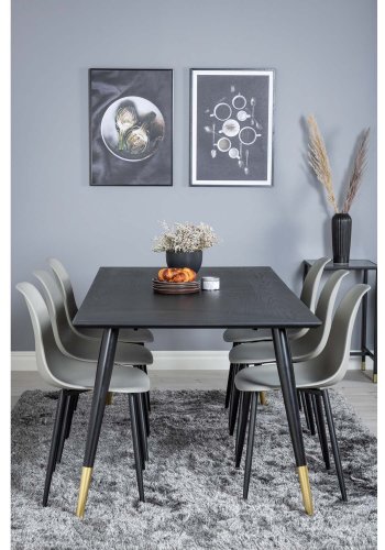 VENTURE DESIGN Dipp Esstisch-Set, mit 6 Stühlen – schwarzes Furnier/Messing/schwarzes Metall, grauer Kunststoff/schwarzes Eisen