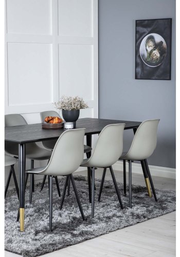 VENTURE DESIGN Dipp Esstisch-Set, mit 6 Stühlen – schwarzes Furnier/Messing/schwarzes Metall, grauer Kunststoff/schwarzes Eisen
