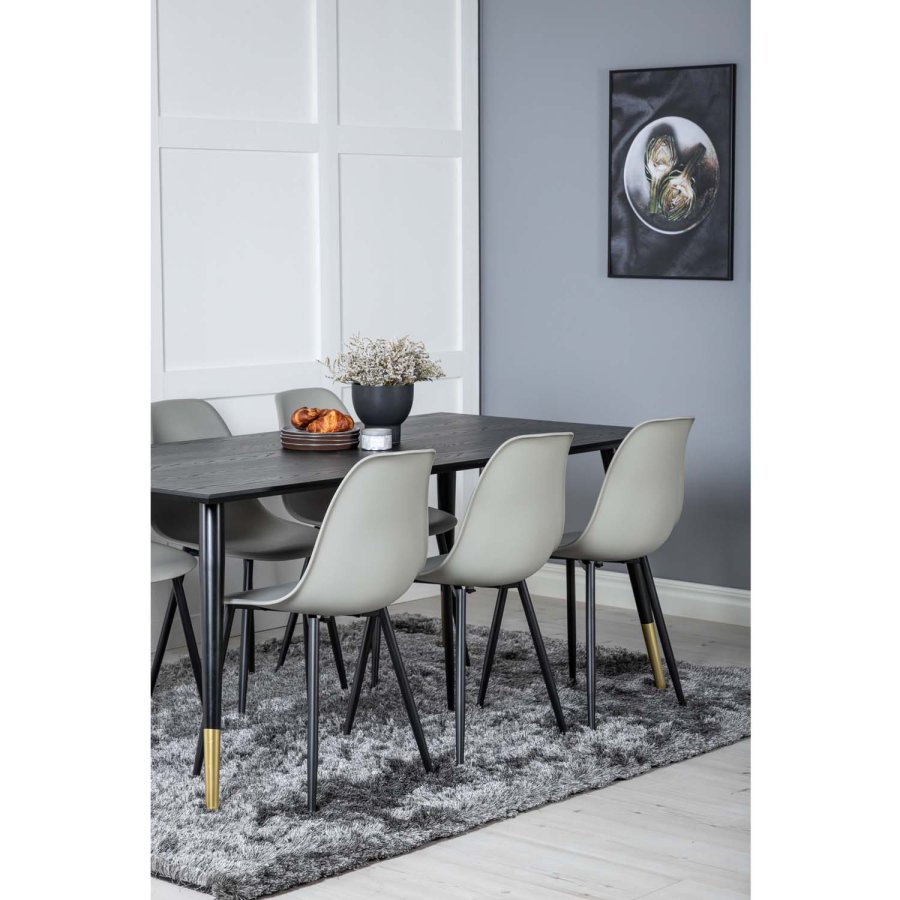 VENTURE DESIGN Dipp Esstisch-Set, mit 6 Stühlen – schwarzes Furnier/Messing/schwarzes Metall, grauer Kunststoff/schwarzes Eisen