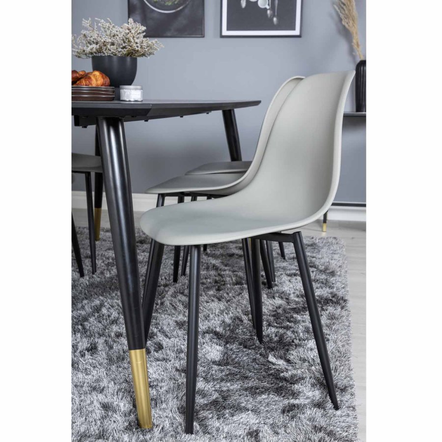 VENTURE DESIGN Dipp Esstisch-Set, mit 6 Stühlen – schwarzes Furnier/Messing/schwarzes Metall, grauer Kunststoff/schwarzes Eisen