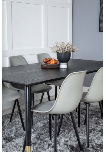 VENTURE DESIGN Dipp Esstisch-Set, mit 6 Stühlen – schwarzes Furnier/Messing/schwarzes Metall, grauer Kunststoff/schwarzes Eisen