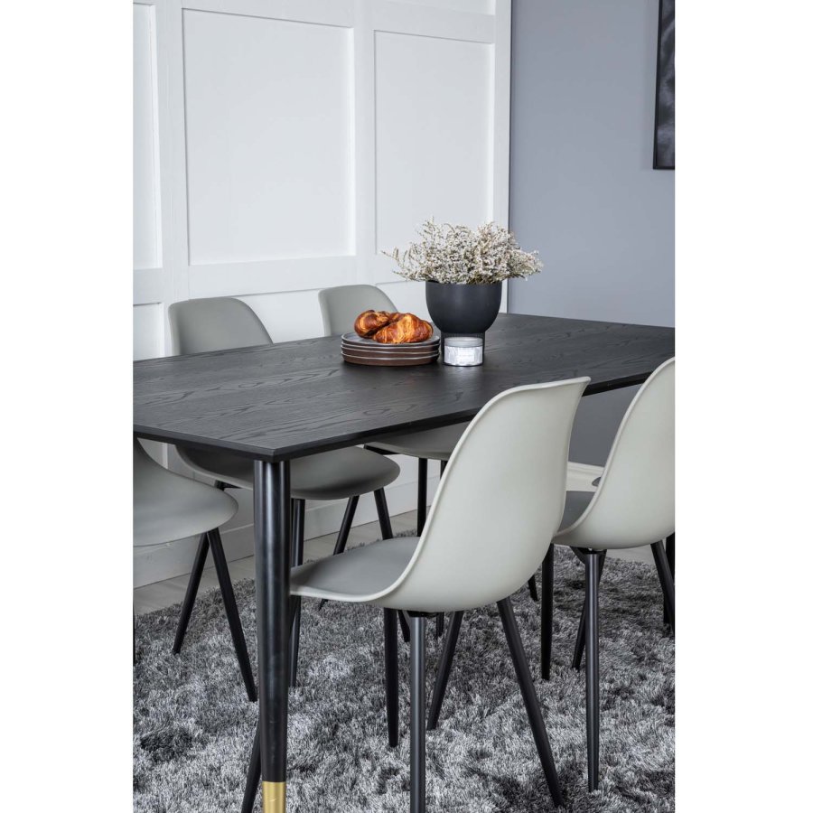 VENTURE DESIGN Dipp Esstisch-Set, mit 6 Stühlen – schwarzes Furnier/Messing/schwarzes Metall, grauer Kunststoff/schwarzes Eisen