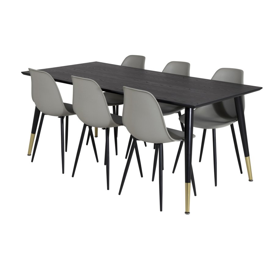 VENTURE DESIGN Dipp Esstisch-Set, mit 6 Stühlen – schwarzes Furnier/Messing/schwarzes Metall, grauer Kunststoff/schwarzes Eisen