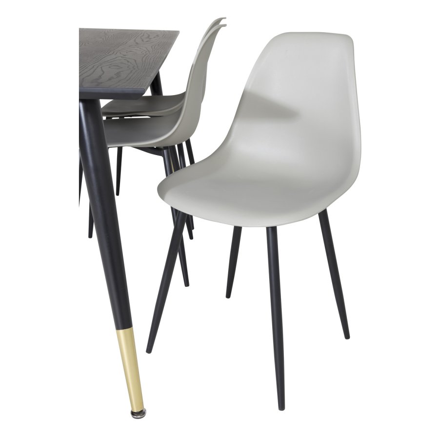 VENTURE DESIGN Dipp Esstisch-Set, mit 6 Stühlen – schwarzes Furnier/Messing/schwarzes Metall, grauer Kunststoff/schwarzes Eisen