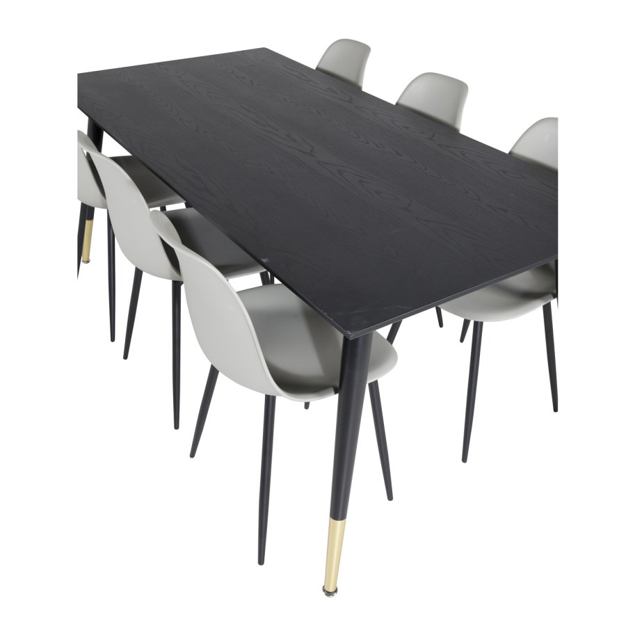 VENTURE DESIGN Dipp Esstisch-Set, mit 6 Stühlen – schwarzes Furnier/Messing/schwarzes Metall, grauer Kunststoff/schwarzes Eisen