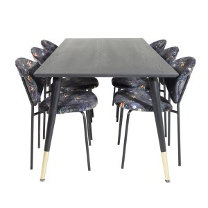 VENTURE DESIGN Dipp Matbordsset, med 6 Stolar - Svart Fanér / Mässing / Svart Metall, Multityg / Svart Metall