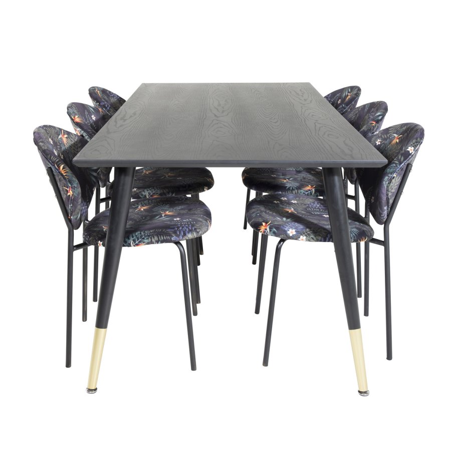 VENTURE DESIGN Dipp Esstisch-Set, mit 6 Stühlen – schwarzes Furnier/Messing/schwarzes Metall, mehrfarbiger Stoff/schwarzes Metall