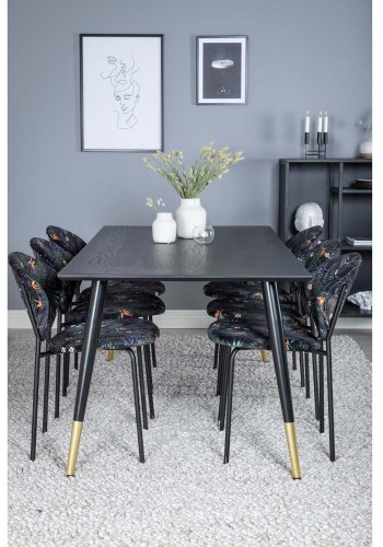 VENTURE DESIGN Dipp Esstisch-Set, mit 6 Stühlen – schwarzes Furnier/Messing/schwarzes Metall, mehrfarbiger Stoff/schwarzes Metall