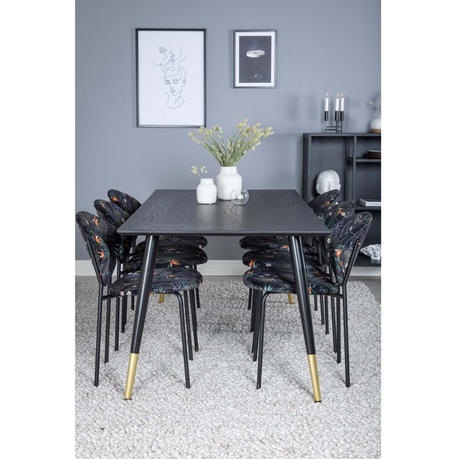 VENTURE DESIGN Dipp Esstisch-Set, mit 6 Stühlen – schwarzes Furnier/Messing/schwarzes Metall, mehrfarbiger Stoff/schwarzes Metall