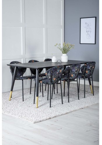 VENTURE DESIGN Dipp Esstisch-Set, mit 6 Stühlen – schwarzes Furnier/Messing/schwarzes Metall, mehrfarbiger Stoff/schwarzes Metall