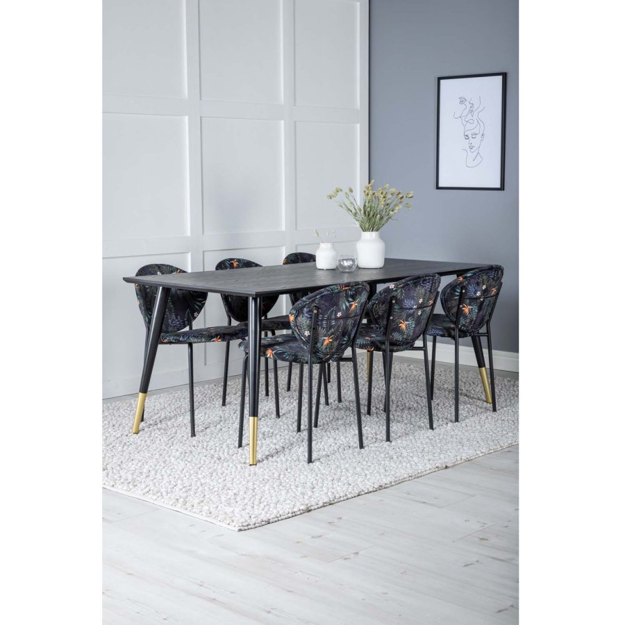 VENTURE DESIGN Dipp Esstisch-Set, mit 6 Stühlen – schwarzes Furnier/Messing/schwarzes Metall, mehrfarbiger Stoff/schwarzes Metall