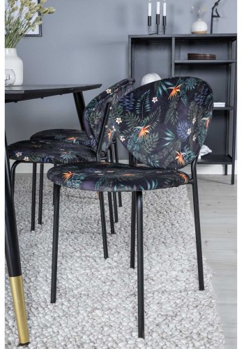 VENTURE DESIGN Dipp Esstisch-Set, mit 6 Stühlen – schwarzes Furnier/Messing/schwarzes Metall, mehrfarbiger Stoff/schwarzes Metall