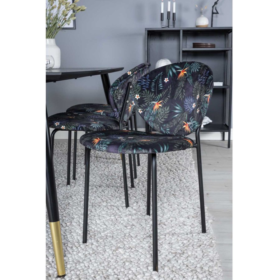 VENTURE DESIGN Dipp Esstisch-Set, mit 6 Stühlen – schwarzes Furnier/Messing/schwarzes Metall, mehrfarbiger Stoff/schwarzes Metall