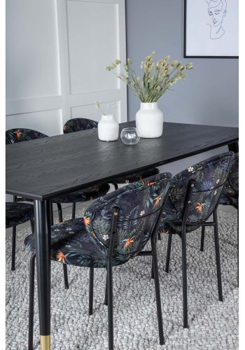 VENTURE DESIGN Dipp Esstisch-Set, mit 6 Stühlen – schwarzes Furnier/Messing/schwarzes Metall, mehrfarbiger Stoff/schwarzes Metall