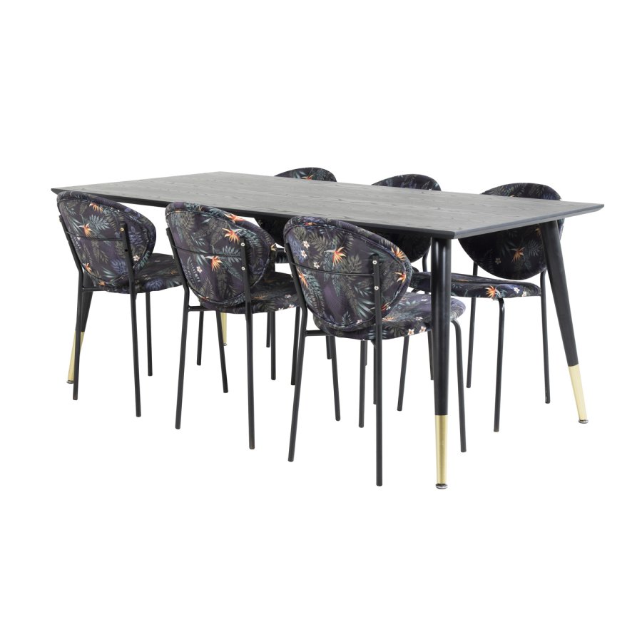 VENTURE DESIGN Dipp Esstisch-Set, mit 6 Stühlen – schwarzes Furnier/Messing/schwarzes Metall, mehrfarbiger Stoff/schwarzes Metall