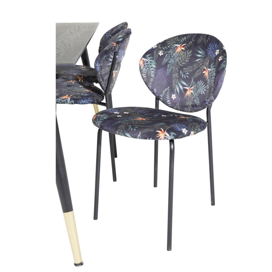 VENTURE DESIGN Dipp Esstisch-Set, mit 6 Stühlen – schwarzes Furnier/Messing/schwarzes Metall, mehrfarbiger Stoff/schwarzes Metall