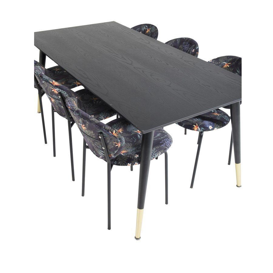 VENTURE DESIGN Dipp Esstisch-Set, mit 6 Stühlen – schwarzes Furnier/Messing/schwarzes Metall, mehrfarbiger Stoff/schwarzes Metall