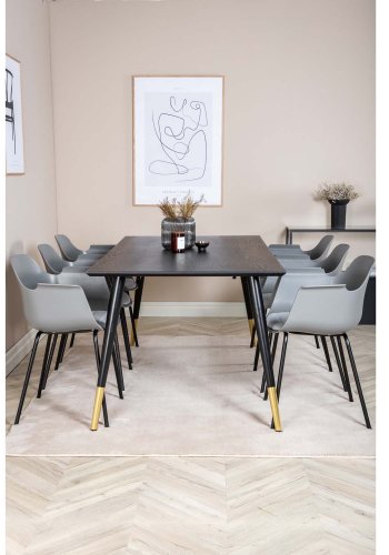 VENTURE DESIGN Dipp Esstisch-Set, mit 6 Stühlen – schwarzes Furnier/Messing/schwarzes Metall, grauer Kunststoff/schwarzes Metall