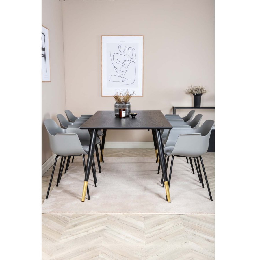 VENTURE DESIGN Dipp Esstisch-Set, mit 6 Stühlen – schwarzes Furnier/Messing/schwarzes Metall, grauer Kunststoff/schwarzes Metall