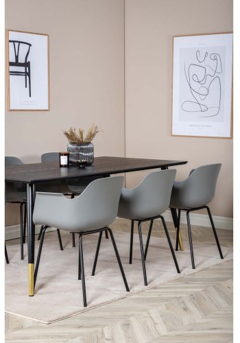 VENTURE DESIGN Dipp Esstisch-Set, mit 6 Stühlen – schwarzes Furnier/Messing/schwarzes Metall, grauer Kunststoff/schwarzes Metall