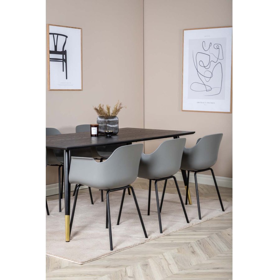 VENTURE DESIGN Dipp Esstisch-Set, mit 6 Stühlen – schwarzes Furnier/Messing/schwarzes Metall, grauer Kunststoff/schwarzes Metall