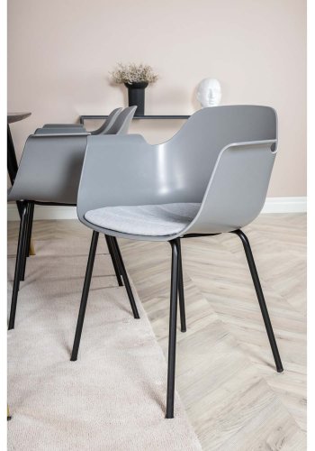 VENTURE DESIGN Dipp Esstisch-Set, mit 6 Stühlen – schwarzes Furnier/Messing/schwarzes Metall, grauer Kunststoff/schwarzes Metall