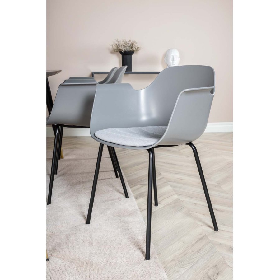 VENTURE DESIGN Dipp Esstisch-Set, mit 6 Stühlen – schwarzes Furnier/Messing/schwarzes Metall, grauer Kunststoff/schwarzes Metall