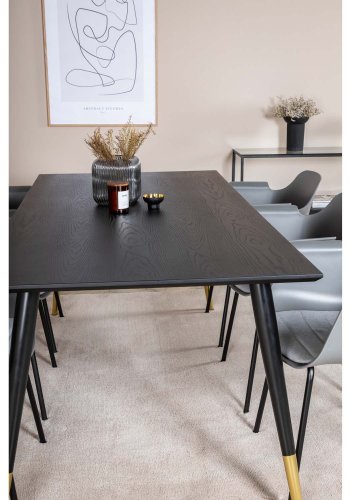 VENTURE DESIGN Dipp Esstisch-Set, mit 6 Stühlen – schwarzes Furnier/Messing/schwarzes Metall, grauer Kunststoff/schwarzes Metall