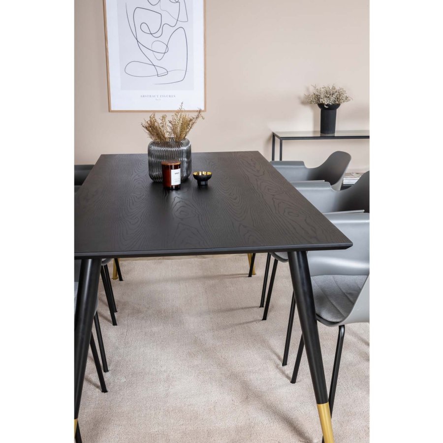 VENTURE DESIGN Dipp Esstisch-Set, mit 6 Stühlen – schwarzes Furnier/Messing/schwarzes Metall, grauer Kunststoff/schwarzes Metall