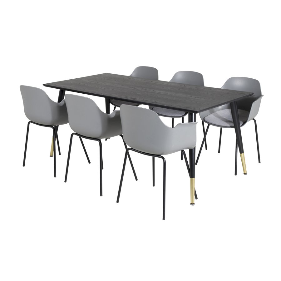 VENTURE DESIGN Dipp Esstisch-Set, mit 6 Stühlen – schwarzes Furnier/Messing/schwarzes Metall, grauer Kunststoff/schwarzes Metall