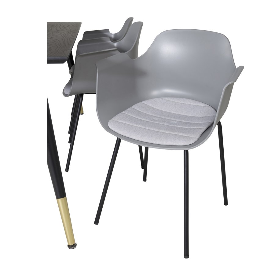 VENTURE DESIGN Dipp Esstisch-Set, mit 6 Stühlen – schwarzes Furnier/Messing/schwarzes Metall, grauer Kunststoff/schwarzes Metall