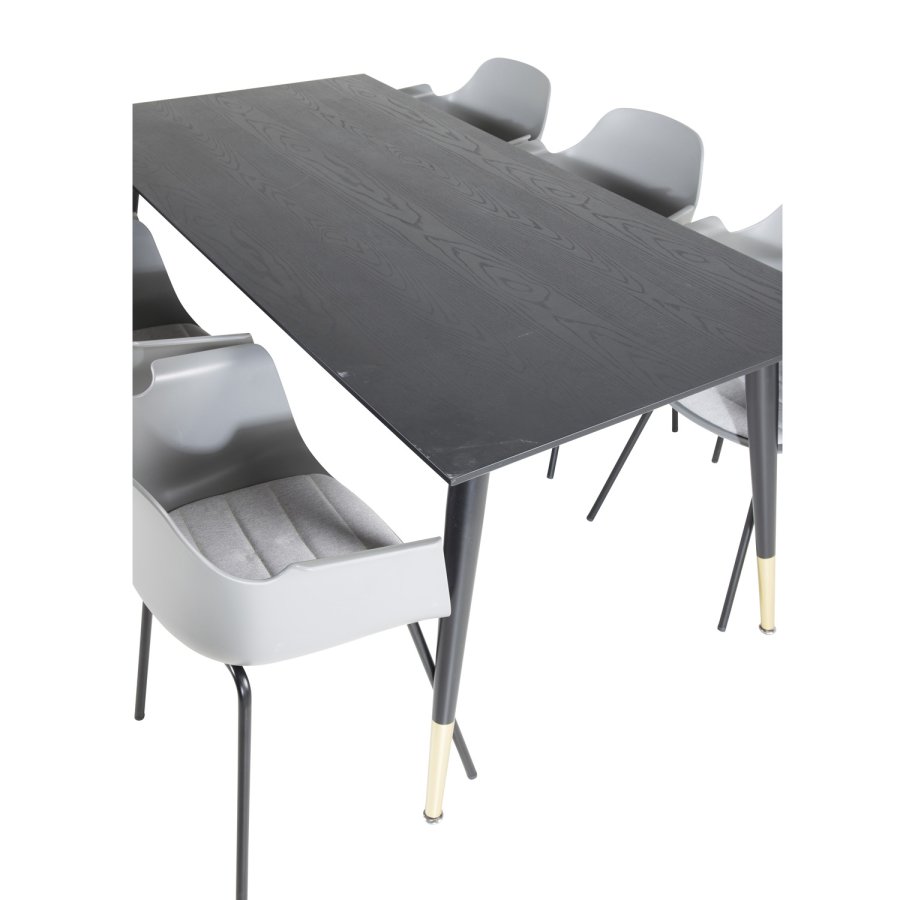 VENTURE DESIGN Dipp Esstisch-Set, mit 6 Stühlen – schwarzes Furnier/Messing/schwarzes Metall, grauer Kunststoff/schwarzes Metall