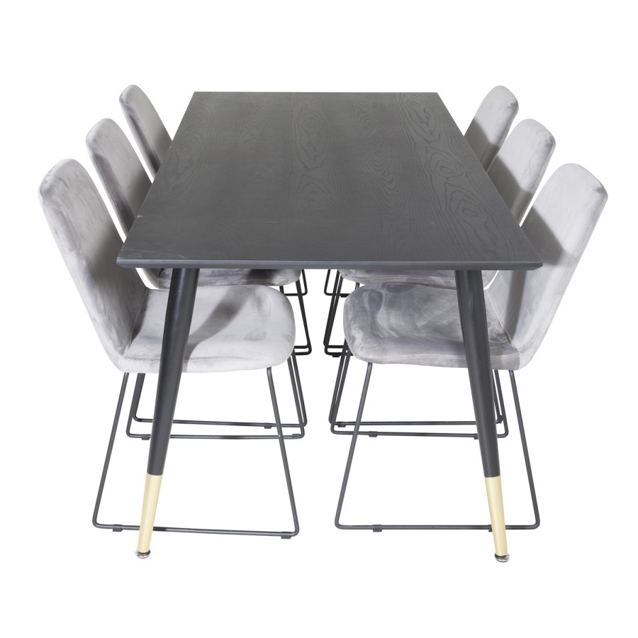 VENTURE DESIGN Dipp Esstisch-Set, mit 6 Stühlen – schwarzes Furnier/Messing, schwarzes Metall, grauer Samt/schwarzes Metall